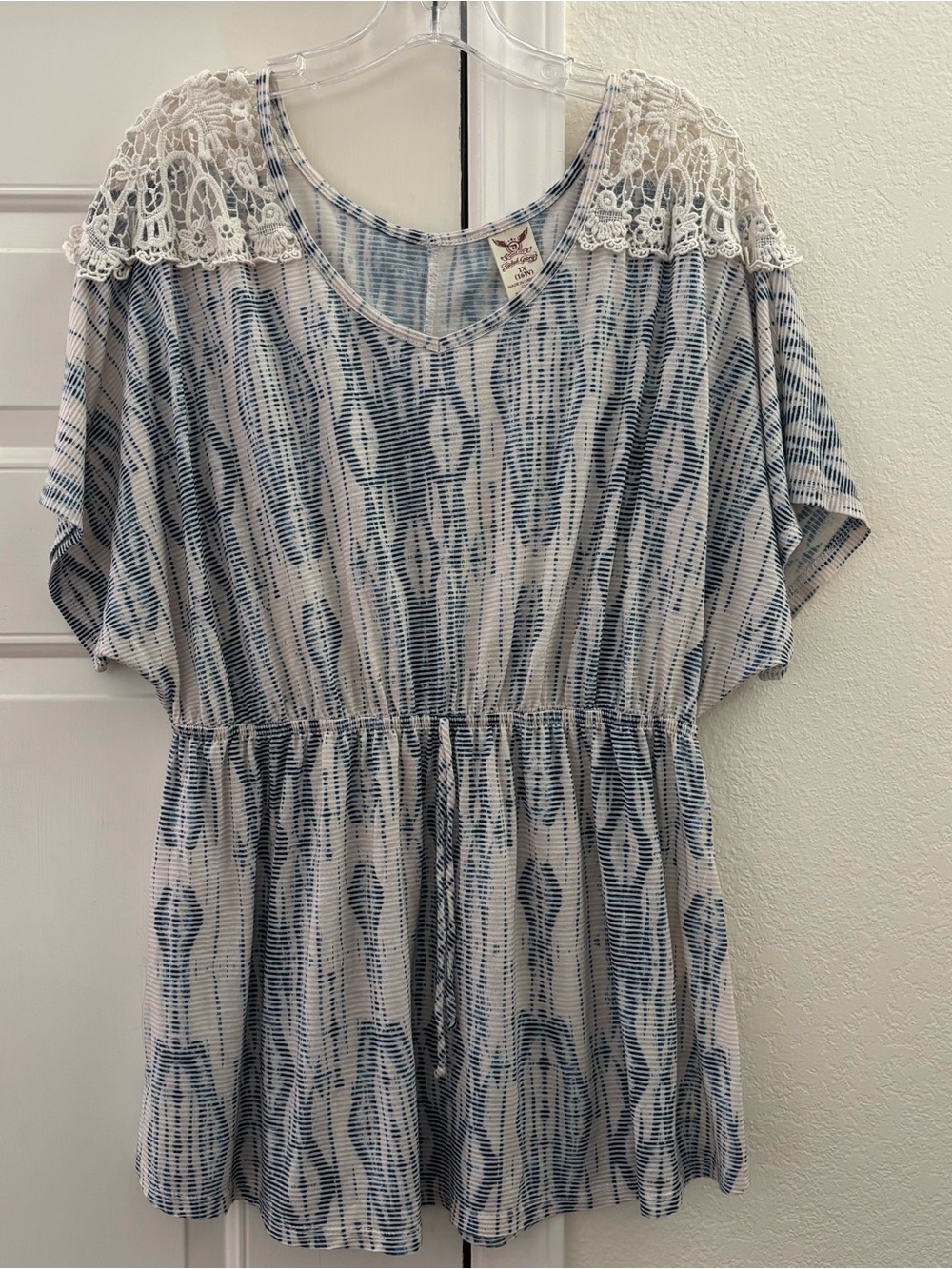 Faded Glory Blue and White Lace-Shoulder Mini Dress